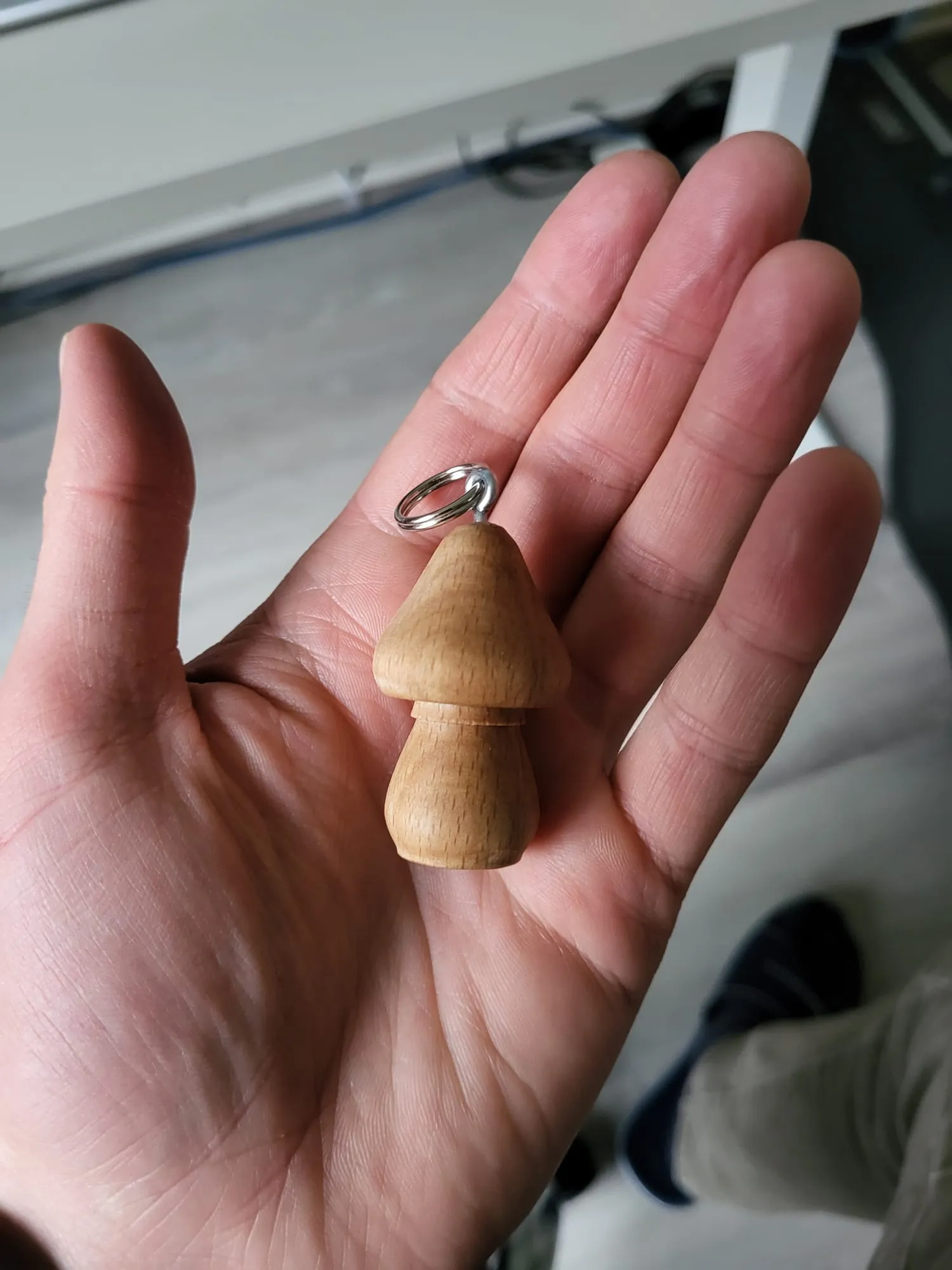 Paddenstoel-sleutelhanger in de hand